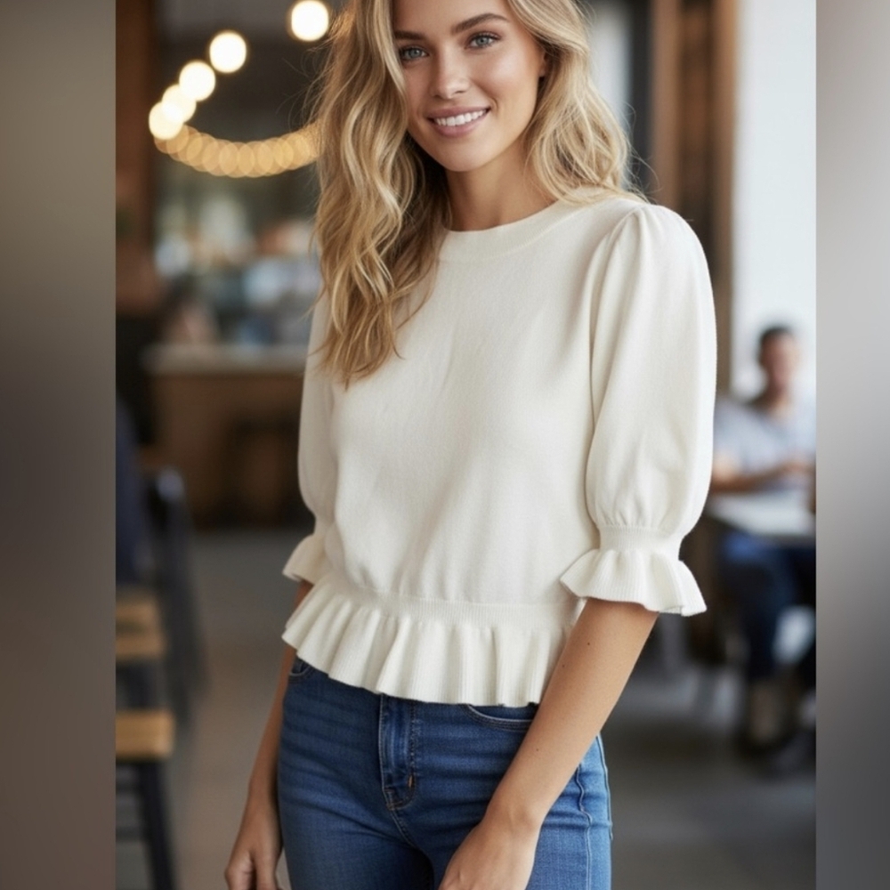 Paige Sabelina Top Ruffle Peplum Ivory Wool Cashmere Blend NEW XXS